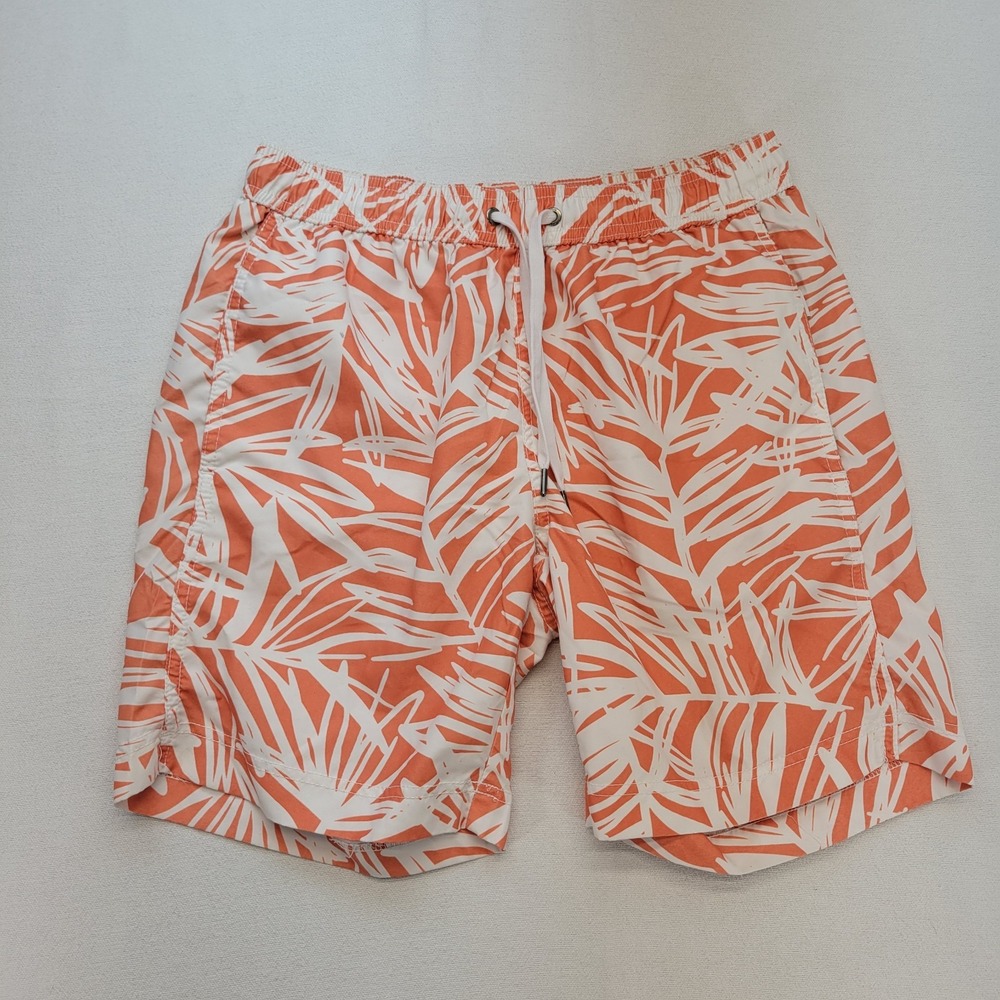 ONIA Swim Trunks Mens Small Charles Orange White Hawaiian Tropical Leaves 7"‎